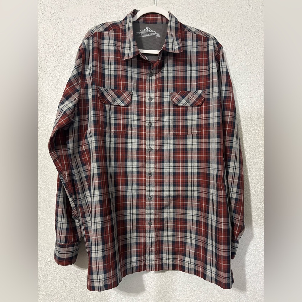 Croft & Barrow Quick Dry Long Sleeve Red Gray Men Button Plaid Shirt Sz XL Tall